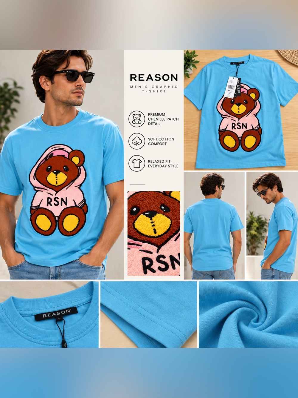 REASON Men’s Light Blue Teddy Patch Graphic Tee